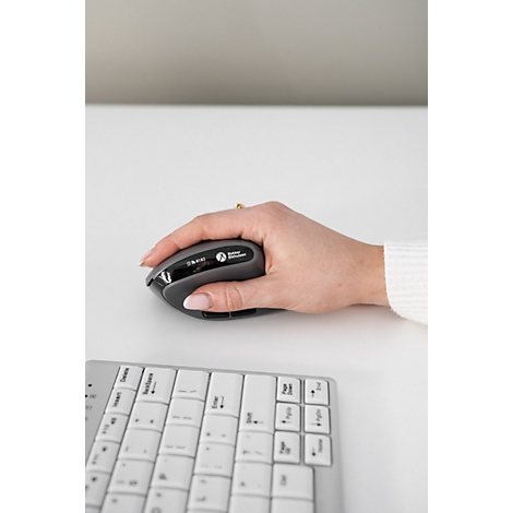 Souris grise dans la main. Clavier à côté. La souris indique "Bluetooth".