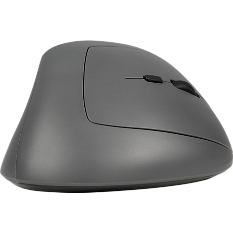 Souris ergonomique grise, orientation verticale, avec deux boutons et une molette.