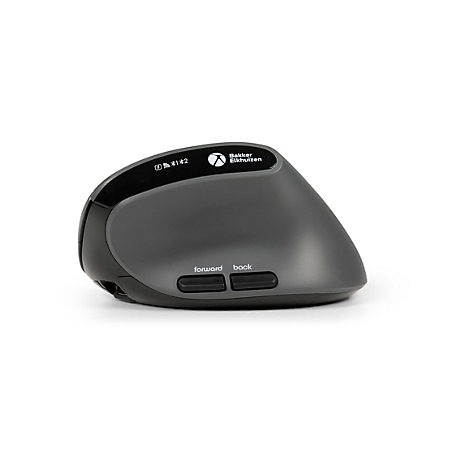 Souris ergonomique grise et noire. Logo en haut, deux boutons en dessous, avec l'inscription : avant, arrière.