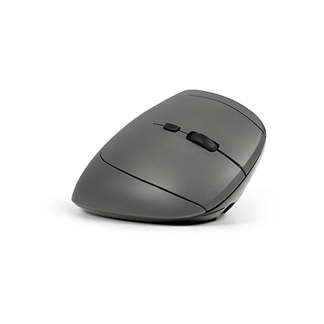 Souris ergonomique sans fil grise, vue de côté.