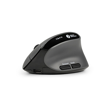Souris ergonomique grise et noire avec boutons latéraux.