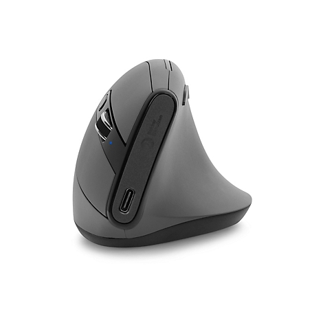 Souris ergonomique grise, alignée verticalement, avec port USB et molette de défilement.