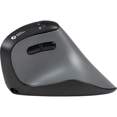 Souris verticale ergonomique grise. Boutons et molette noirs en haut, deux boutons noirs sur le côté. Logo du fabricant.