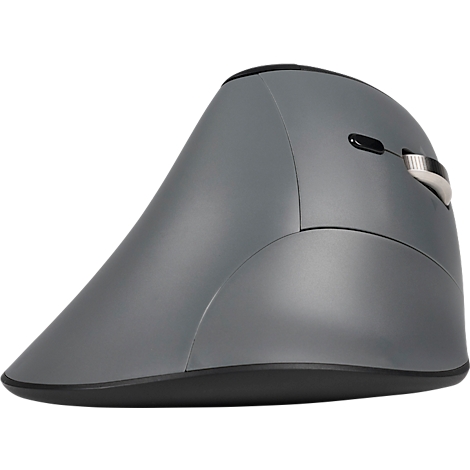 Souris ergonomique grise avec base noire et molette de défilement argentée.