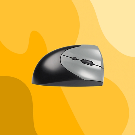 Souris ergonomique, noir et gris sur fond jaune. Moitié supérieure grise, moitié inférieure noire.