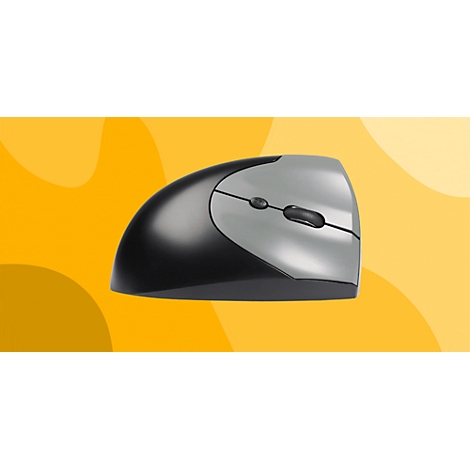 Souris ergonomique noire et grise sur fond jaune. Boutons supérieurs et molette de défilement gris, boîtier noir.