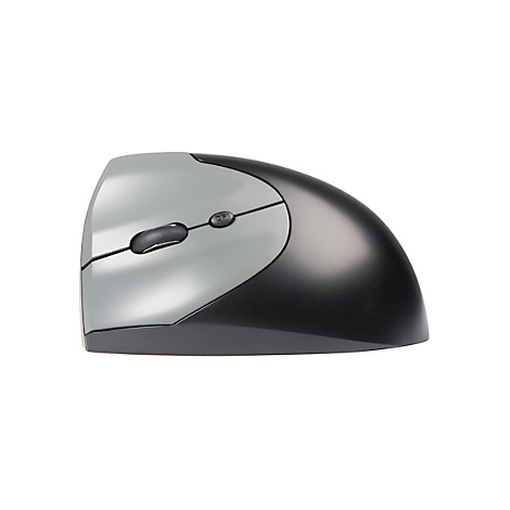 Souris ergonomique, grise et noire, sur fond blanc.