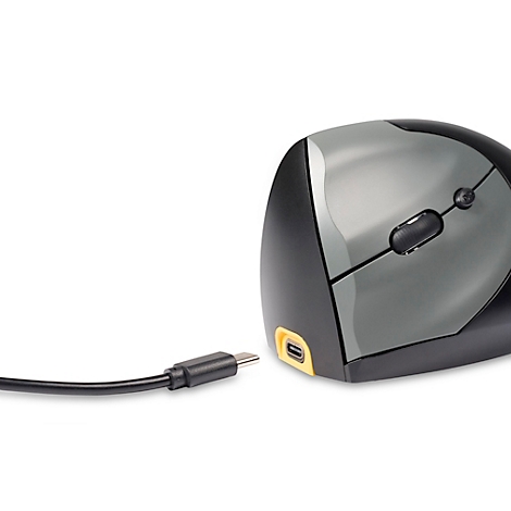 Souris ergonomique noire. Zone grise pour le pouce et molette de défilement. Deux boutons latéraux.