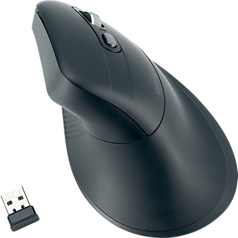 Souris ergonomique sans fil noire avec récepteur USB. Design vertical pour le soulagement du poignet, deux boutons et molette.