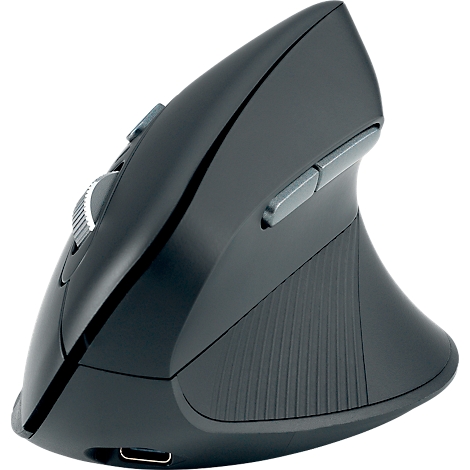 Souris ergonomique sans fil, noire, avec boutons latéraux et molette de défilement.