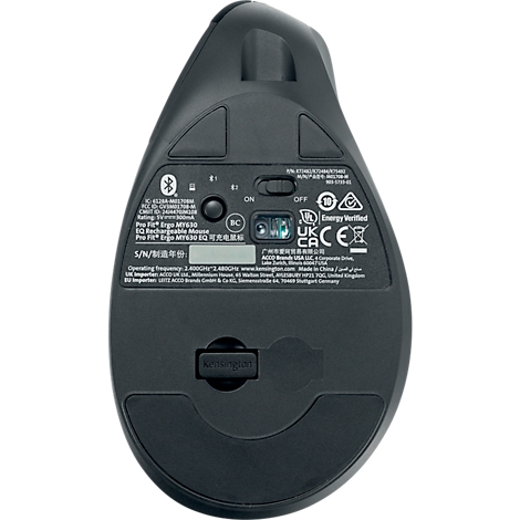 Souris sans fil, dessous. Avec texte et symbole Bluetooth.
