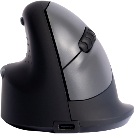 Souris verticale ergonomique en noir et gris. Elle a une forme incurvée et un port USB-C.