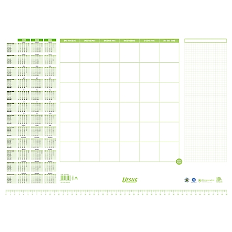 Un sous-main de calendrier blanc avec des lignes et des lettrages verts. Vue d'ensemble annuelle à gauche, calendrier au milieu, champ quadrillé à droite.