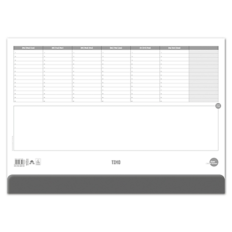 Tapis de bureau gris avec aperçu hebdomadaire et grande zone de bloc-notes, marque TIMO. Barre grise en bas.