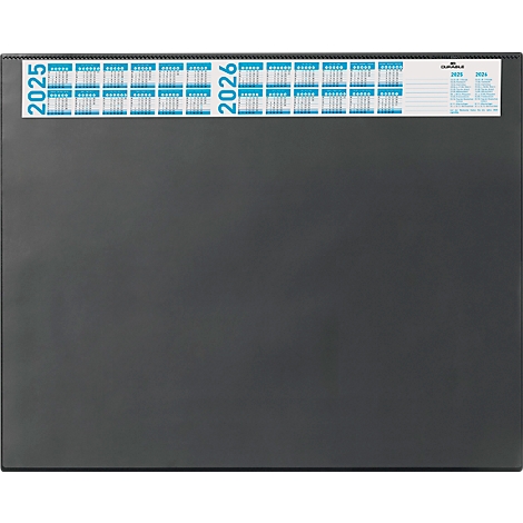 Calendrier de bureau noir avec aperçu du calendrier 2025 et 2026.