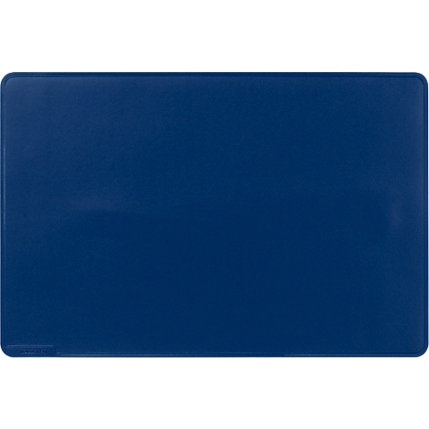 Tapis rectangulaire bleu foncé, coins arrondis. Un petit texte est en bas à gauche.