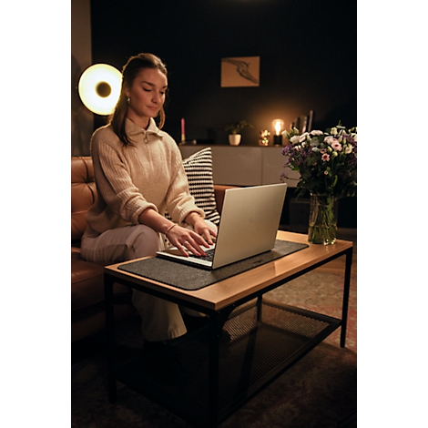 Femme tapant sur un ordinateur portable, assise sur un canapé. Fleurs et lampe sur la table.
