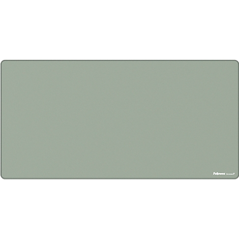 Tapis de bureau rectangulaire vert avec coins arrondis, logo de la marque en bas à droite.