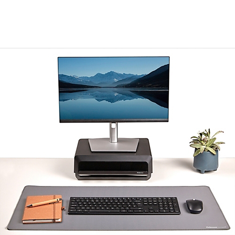Tapis de bureau enroulés de différentes couleurs, du noir à l'argent. Le nom "Fellowes" est visible sur chaque tapis.