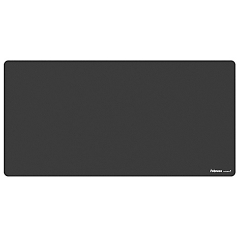 Tapis de souris noir avec coin enroulé. Petites lettres blanches : Fellowes.