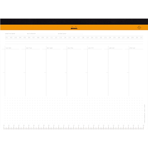 Feuille de calendrier avec des tableaux, des lignes et une grille de points, et une barre orange.