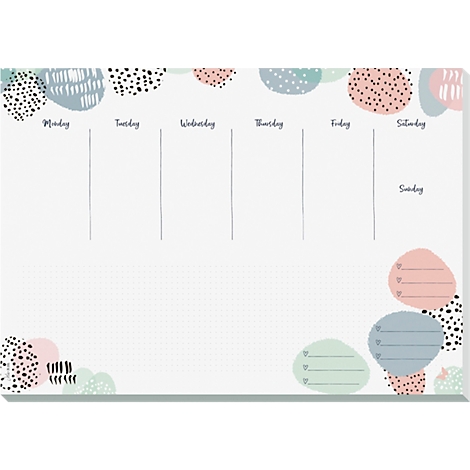 Planificateur hebdomadaire avec des motifs peints à la main, divisé en jours, des champs vides pour les notes.