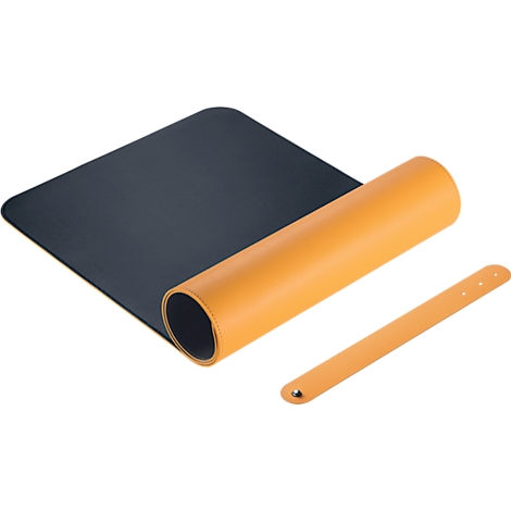 Tapis de bureau, partiellement enroulé, bleu et orange, avec sangle.