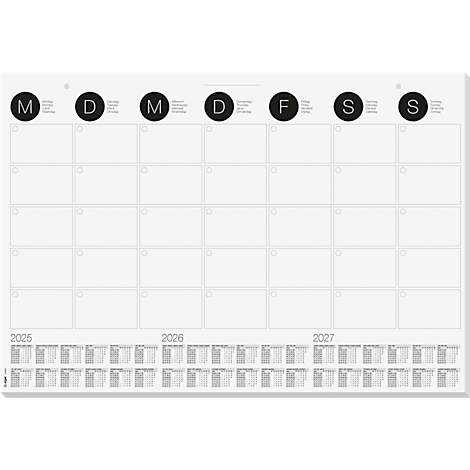 Une feuille de calendrier blanche, linéaire, avec les noms des mois et les aperçus annuels.
