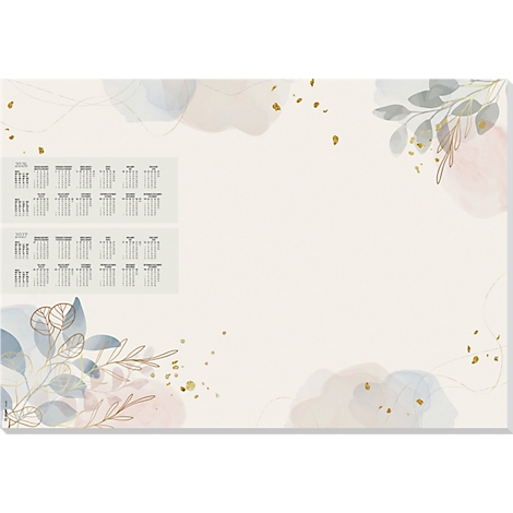 Deux calendriers décorés avec des peintures à l'aquarelle et des feuilles. En haut à gauche se trouvent deux blocs avec les calendriers pour 2026 et 2027.