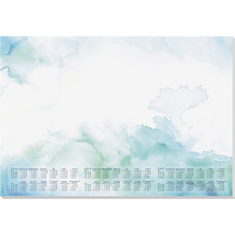 Fond aquarelle avec des nuages dans des tons bleus et verts, avec un calendrier en dessous.