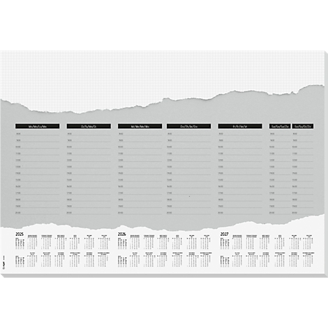 Calendrier de bureau gris avec des bords déchirés. Il y a des colonnes pour les notes en haut, et des calendriers pour 2025, 2026 et 2027 en bas.