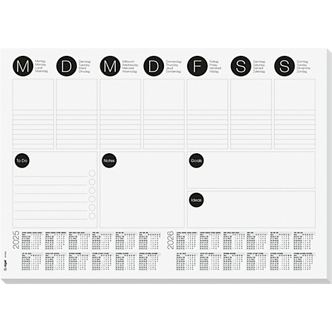 Planificateur hebdomadaire blanc avec cercles noirs pour les jours de la semaine. Disposition claire pour les tâches, les notes, les objectifs et les idées. Calendriers annuels pour 2025 et 2026.