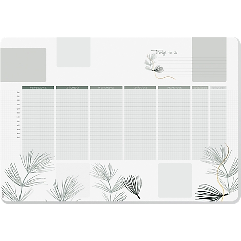 Planificateur hebdomadaire en gris et blanc avec des éléments floraux et un aperçu hebdomadaire.