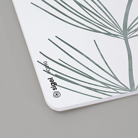 Bloc-notes rectangulaire blanc avec motif de feuilles grises. Bordé par 'sigel HO890'.