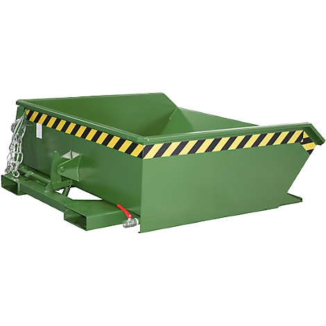 Groene stalen container met geel-zwarte waarschuwingsmarkeringen, ketting, kraan en aftapplug.