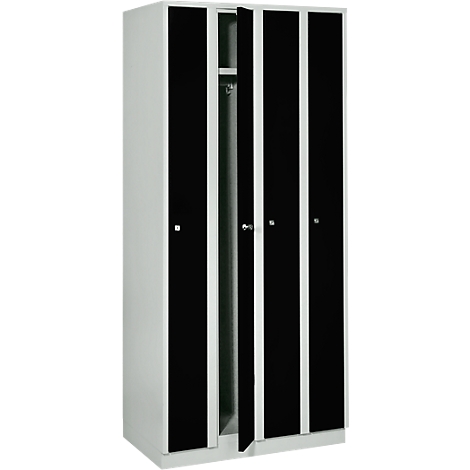 A white locker with four doors, one is open. Black doors, silver handles.