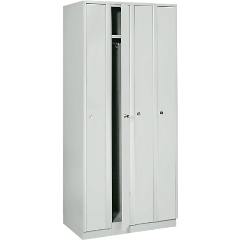 A white locker with one door open, showing a shelf and clothes rail.