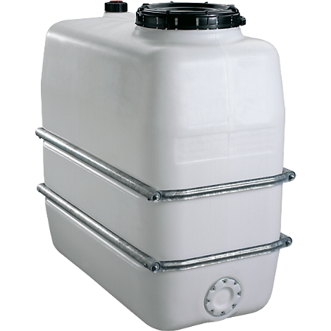 White rectangular tank with black lid and metal reinforcements. Small red and black caps on top.