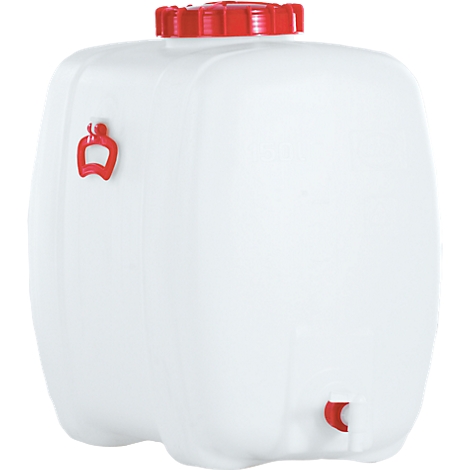 White, cuboid tank with red lid, handle and outlet tap.