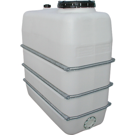 White rectangular tank with black lid and metal reinforcements.