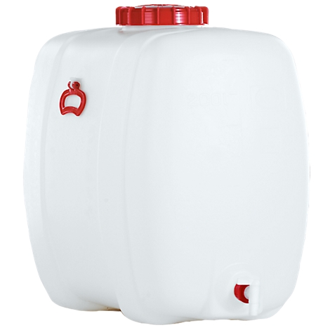 White rectangular tank with red lid and handle. Drain tap at the bottom.
