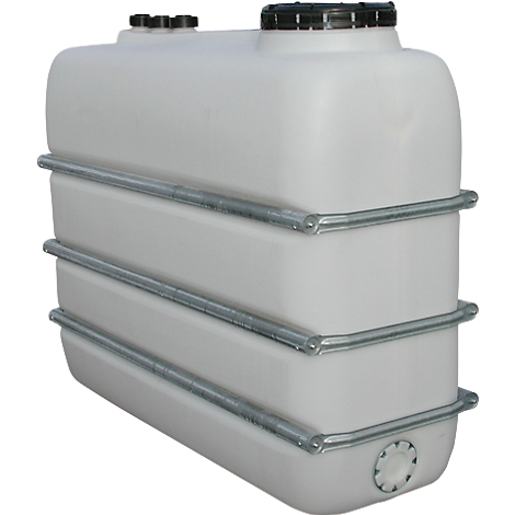 White plastic tank, rectangular with black lids and metal frame.