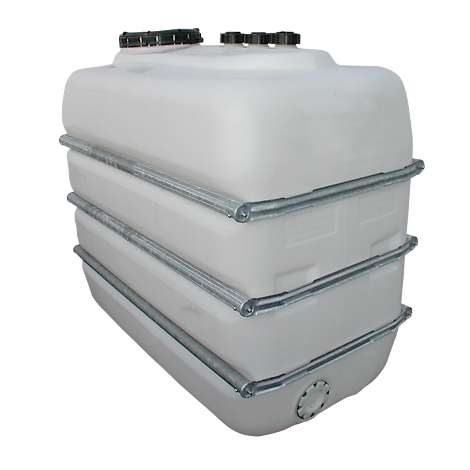 White rectangular tank with black lids, surrounded by metal straps.