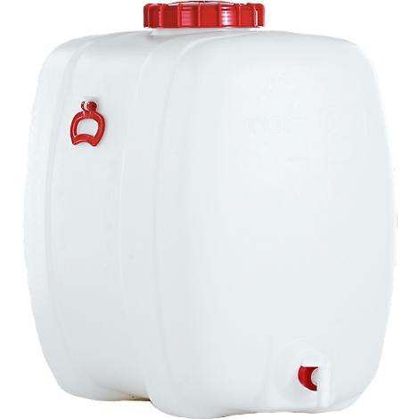 White, rectangular tank with red cap and red closures. A handle with red holder.