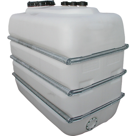 White plastic tank with metal brackets. Several black lids are on the top.