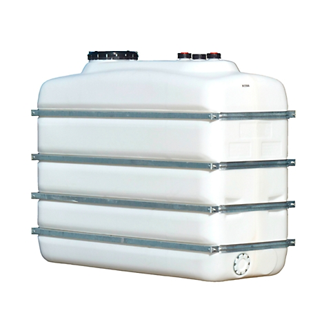 Rectangular white tank with metal bands. Black and red lids on top, a valve at the bottom.