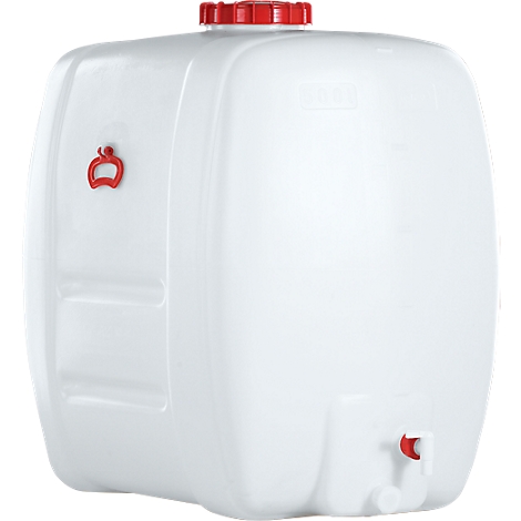 White, rectangular tank with red lid and red connectors. A red handle on the side.