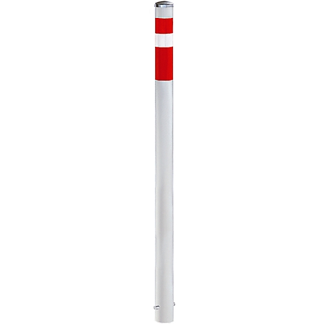 White bollard with red band and silver top.