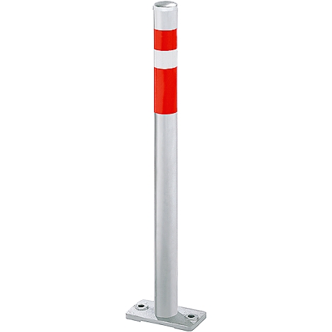 Grey bollard with white and red stripes. At the bottom is a metal plate with holes.