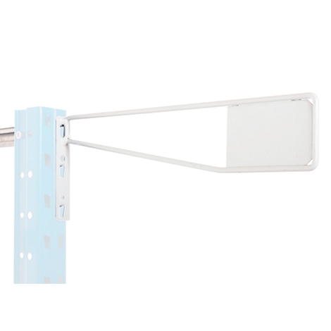 White sign holder on blue shelf post. Rectangular area with frame, blue background behind.